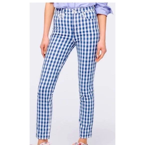 J CREW Vintage Straight Blue Gingham High Waist Ankle Pants 27 - Picture 1 of 8